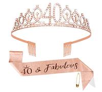 Fowecelt 40th Birthday Queen Tiara and Sash - Rose Gold Rhinestone Crown Kit for Women's 40th Birthday Party