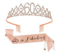 Fowecelt 60th Birthday Queen Tiara and Sash - Rose Gold Rhinestone Crown Kit for Women, Crystal Satin Party Gifts