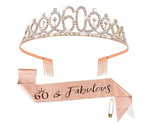 Fowecelt 60th Birthday Queen Tiara and Sash - Rose Gold Rhinestone Crown Kit for Women, Crystal Satin Party Gifts