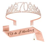 Fowecelt 70th Birthday Queen Tiara and Sash - Rose Gold Rhinestone Crown Kit for Birthday Party
