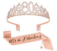 Fowecelt 80th Birthday Queen Tiara and Sash - Rose Gold Crystal Tiara Satin Sash for 80th Birthday Party