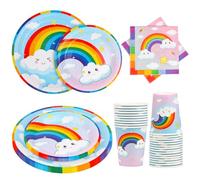 Fowecelt Rainbow Party Tableware - 120 pcs Paper Plates, Cups & Napkins Set for Kids' Birthday Parties
