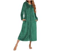 Foweknow Bathrobe with Zip for Women Lightweight Fluffy Dressing Gown Fleece Soft Plush Loungewear Cuddly Long Sauna Gown Loose Fit Warm Robe Night Dress Comfortable House Coat, Green, S