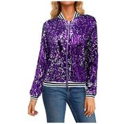 Foweknow Bomber Jacket Women's Sequins Biker Jacket Transition Jacket Fly Jacket 70s Outfit Glitter Disco Jacket Women's Party Blazer Xmas Elegant Jacket Women's Shiny Jacket Cardigan, purple, M
