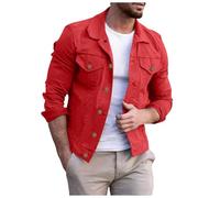 Foweknow Cardigan Men's Cargo Denim Jacket Fashionable Simplicity Versatile Denim Jacket Lapels Business Regular Fit Work Jacket Slim Long Sleeve Solid Casual Jacket with Button Placket, red, XL