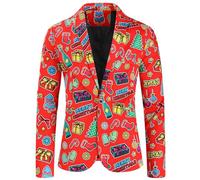 Foweknow Christmas Jacket Men's Christmas Jacket Christmas Motif Leisure Xmas Holiday Blazer Elegant Tuxedo Christmas Suit Jacket Business Sporty Blazer Funny Party Outfit, Watermelon red, L