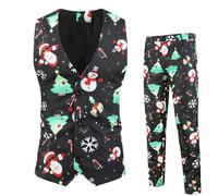 Foweknow Christmas Suits Men's Slim Fit 2-Piece Funny Prints Formal Christmas Set Wedding Suit Trousers + Vest Set Fashionable Sporty Trendings Leisure Suit Two Piece Outfit, black, M