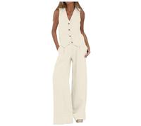 Foweknow Elevated Women's Trouser Suit, Elegant 2-Piece Sleeveless Blazer Vest and Trousers, Summer Outfit, Two-Piece Women's Crop Vest and Wide Leg Trousers, Lounge Sets, Business Suit, beige, L