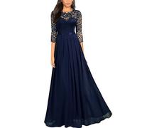 Foweknow Evening Dress Women's Round Neck Lace Dress Long A Line Cocktail Dress Elegant Ball Dress Wedding Dress Pleated Maxi Dresses 3/4 Sleeves Party Dress Hawaiian Casual Dresses, blue, S