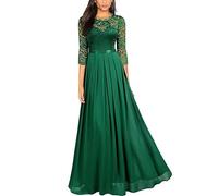 Foweknow Evening Dress Women's Round Neck Lace Dress Long A Line Cocktail Dress Elegant Ball Dress Wedding Dress Pleated Maxi Dresses 3/4 Sleeves Party Dress Hawaiian Casual Dresses, Green, M