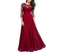 Foweknow Evening Dress Women's Round Neck Lace Dress Long A Line Cocktail Dress Elegant Ball Dress Wedding Dress Pleated Maxi Dresses 3/4 Sleeves Party Dress Hawaiian Casual Dresses, red, XL