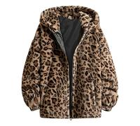 Foweknow Fleece Jacket Men's Leopard Fleece Hooded Jacket Winter Casual Cuddly Jacket Outdoor Sweat Jacket Thickened Double-Sided Plush Outerwear Vintage Comfortable Winter Coat, brown, XL