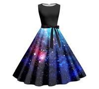 Foweknow Galaxy Costume Women's Dresses Galaxy Universe Star Space Graphic Starry Sky A Line Dress Sleeveless Crew Neck Cocktail Dress Festive Galaxy Rockabilly Party Dress, blue, L