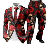 Foweknow Halloween Costume Men's Skull Jacket Suit Trousers Leisure Suit Regular Fit Funky Men's Suits Skeleton Pattern Blazer Suit Jacket Tuxedo for Party Carnival, red, L