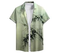 Foweknow Hawaii Shirt Men's Vintage Short Sleeve Shirt in Chinese Style Loose Casual Shirt Button Down Beach Shirt Bamboo Print Fashionable Summer Shirt Traditional Ethnic Style Shirt, Green, L