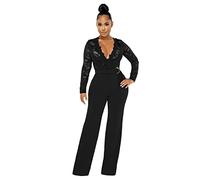 Foweknow Jumpsuit Women's Elegant Plain Sleeveless Lace Jumpsuit Cocktail Party Festive Trouser Suit Romper Wide Leg Playsuit with Belt Casual Summer Playsuit Romper Trousers Leisure Trousers, black