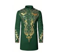 Foweknow Kaftan Men's Moroccan Long Sleeve Dress Nightdress Outfit Ethnic Print Long Sleeve Dashiki Tops Blouse Muslim Kaftan Dubai Robe African Tribal Dashiki Shirt Islamic Clothing, Green, XXL