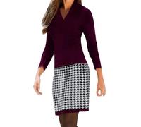 Foweknow Knitted Dress Women's Elegant Houndstooth Print Pencil Dress Plain V-Neck Wrap Dress Long Sleeve Jumper Dress Striped Patchwork Tunic Dresses Mini Dress Warm Winter Dress, red, M