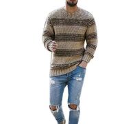Foweknow Knitted Jumper Men's Striped Crew Neck Pullover Fashionable Versatile Sporty Everyday Wear Simplicity Comfortable Warm Casual Shirt Business Autumn Winter Jumper, khaki, S