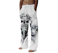 Foweknow Linen Trousers Men's Skull Print Casual Jogging Bottoms Baggy Vintage Hip Hop Streetwear Graphric Sports Jogging Trousers Halloween Costume Fashionable Cotton Linen Casual Trousers, White,