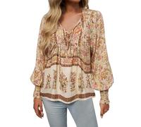 Foweknow Mediterranean Fashion Blouse Women's Elegant Boho Floral Pattern Tunic Long Sleeve Summer Light and Airy Beach Shirt Casual V-Neck Blouse Shirt 70s Outfit Tops, beige, M
