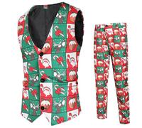 Foweknow Men's 2-piece Sporty Christmas Print Suit Vest & Trousers - Funny Slim Fit Fashionable Leisure Suit - Brown, 4XL