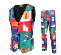 Foweknow Men's 2-piece Sporty Christmas Print Suit Vest & Trousers - Funny, Slim Fit, Fashionable Leisure Suit - Blue, L