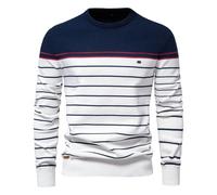 Foweknow Men's Crew Neck Striped Autumn Winter Jumper Colour Block Casual Long Sleeve Sweatshirt Jacket Fashionable Trendings Knitted Jumper Regular Fit Work Jumper Undershirt, navy, S