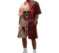 Foweknow Men's Halloween Bloody Jogging Suit Oversized 2-Piece Comfortable Leisure Suit Casual Horror Blood Splash Pattern Summer Outfit T-Shirt + Shorts Set Streetwear, 02 Red, L