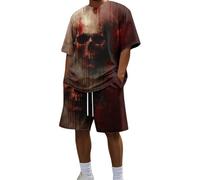 Foweknow Men's Halloween Bloody Jogging Suit Oversized 2-Piece Comfortable Leisure Suit Casual Horror Blood Splash Pattern Summer Outfit T-Shirt + Shorts Set Streetwear, 03 Red, XL