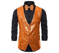 Foweknow Men's Sequin Suit Vest 70s 80s Disco Party Outfit Metallic Shiny Vest Carnival Costume for Wedding Party Prom Stage Show Waistcoat Streetwear, orange, S