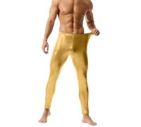 Foweknow Men's Sports Leggings Long Underpants Metallic Sports Trousers Shiny Plain Tights Lingerie Sleep Pants 80s Disco Party Fancy Dress Outfit Elastic Leisure Trousers, gold, XL