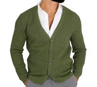 Foweknow Men's V-Neck Button Down Cardigan 2024 Knitted Lightweight Elegant Long Sleeve Outwear Traditional Jacket Casual Baggy Sweater Plain Fashionable Leisure Jacket, Green, L