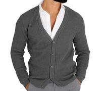 Foweknow Men's V-Neck Button Down Cardigan 2024 Knitted Lightweight Elegant Long Sleeve Outwear Traditional Jacket Casual Baggy Sweater Plain Fashionable Leisure Jacket, gray, L