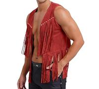Foweknow Men's Western Cowboy Vest with Fringes Suede Open Front Jacket Carnival Cosplay Costume Fancy Dress Costume Retro Hippie Outfit Disco Party Outfit Performance Costume, red, XXL