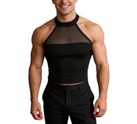Foweknow Muscle Shirts Men's Backless Crop Top Halterneck Mesh Undershirt Transparent Lingerie Sexy Suspender Vest Plain Transparent Patchwork Tank Top Cut Out Tank Top Underarm Shirt
