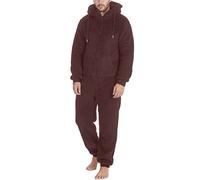 Foweknow Pyjamas Men's Teddy Fleece Jumpsuit Comfortable Body Warmer Sleepwear Plain Pyjamas Casual Thickened Onesie Simplicity Windproof Loungewear Sleepwear with Drawstring, brown, 3XL