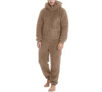 Foweknow Pyjamas Men's Teddy Fleece Jumpsuit Comfortable Body Warmer Sleepwear Plain Pyjamas Casual Thickened Onesie Simplicity Windproof Loungewear Sleepwear with Drawstring, khaki, XXL