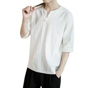 Foweknow Shirt Men's Short Sleeve Chinese Style Traditional Tang Suit Cotton Linen Summer Shirt V-Neck Solid Casual Shirt Martial Arts Kung Fu Tai Chi Qigong Men's Shirts, White, XL