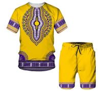 Foweknow Summer Outfit Men's African Dashiki Middle T-Shirt Shorts Sets Loose Dubai Arab Clothing Suits Vintage Casual Sports Suit Tribal Ethnic Style Leisure Suit Two Piece, yellow, XXL
