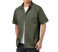 Foweknow Summer Shirt Men's Cargo Shirt Breathable Plain Work Shirt Hiking Overshirt Short Sleeve Lightweight Casual Fishing Shirt with Button Placket Regular Fit Casual Shirt Business Shirt, Green