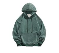 Foweknow Sweatshirt Men's Washed Distressed Look Hoodie Vintage Simplicity Autumn Japanese Long Sleeve Shirt Fashionable Versatile Plain Casual Shirt Work Shirt, Green, L