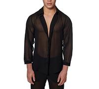 Foweknow T-Shirts for Men Sexy Transparent Shirt Smooth Gauze Tops Underwear Lingerie Muscle Transparent Shirt Mesh Shirts Long Sleeve Thin Breathable Sports Shirt for Party Club, black, L