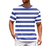 Foweknow T-Shirts for Men Striped Shirt Red White Carnival Striped Cotton Short Sleeve T-Shirt Striped Shirt Carnival Sailor Costume Crew Neck Basic Casual Top Lightweight Sports Shirt, blue, M