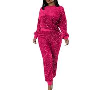 Foweknow Tracksuit Women's Glitter 2-Piece Outfit Sequins Jogging Suit Women's Crew Neck Long Sleeves Top Wide Leg Long Trousers Two Piece Outfit Performance Costume, hot pink, M