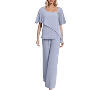 Foweknow Trouser Suit Women's Elegant Tulle Evening Suit Two Piece Chiffon Shirt and Trousers 2-Piece Set Large Sizes Wedding Cocktail Party Festive Outfit Mother of the Bride Suit, blue, M
