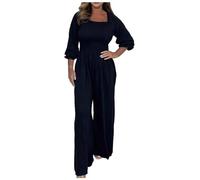 Foweknow Trouser Suit Women's Sporty Long Wide Leg Jumpsuits Onesie Women Summer Crew Neck Loose Jumpsuit Romper Playsuit Short Sleeve A-Line Plain Cocktail Dress Casual Trousers, black, L