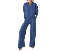 Foweknow Two-Piece Women's 2-Piece V-Neck Long Sleeve Pullover Sweatpants Set Plain Tracksuit Autumn Winter Fluffy Jogging Suit Leisure Suit Cuddly Suit, blue, 3XL