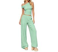 Foweknow Two-Piece Women's Boho Summer 2-Piece Crop Top and Trousers Evening Suit Trouser Suit Wedding Cocktail Formal Outfit Elegant Casual Leisure Suit Lounge Set Slim Fit Asymmetrical Jogging Suit