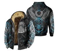Foweknow Viking Jacket Men's Viking Tattoo Hooded Jacket with Fleece Lining 3D Print Zip Hoodies Thickened Long Sleeve Hoodie Sweat Jacket Gothic Medieval Vintage Hooded with Pocket, 05 Black, 4XL